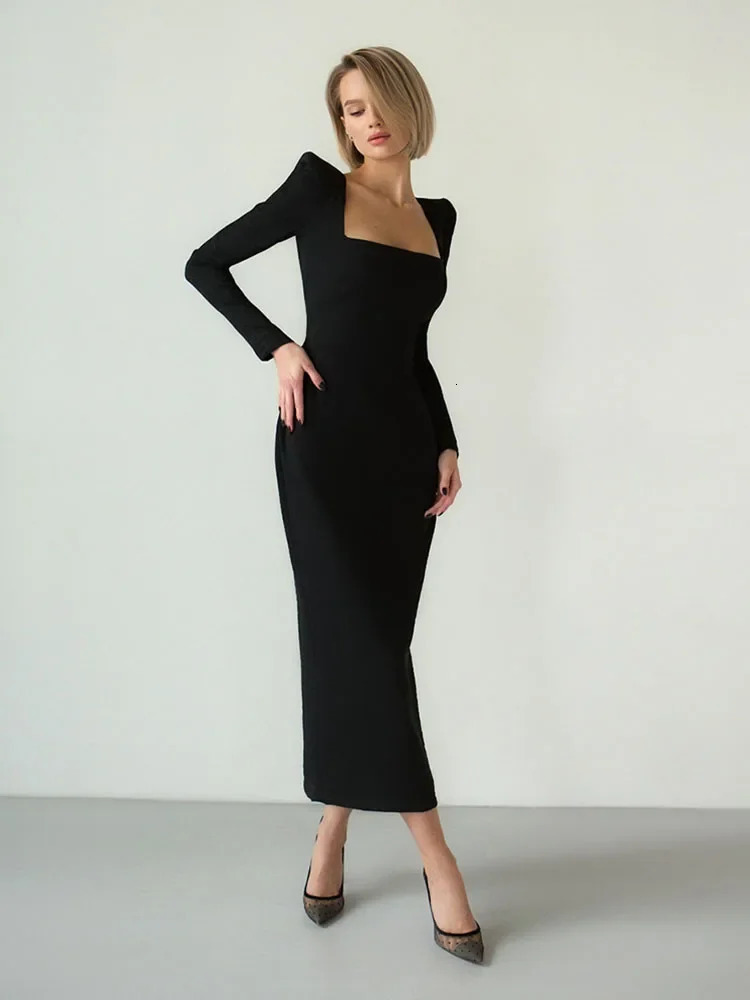 ZBZA Womens Elegant Tight Dress Square Neck Elegant Zipper Urban Womens Hip Wrap Dress Sexy Solid Color Party Long Dress 240701