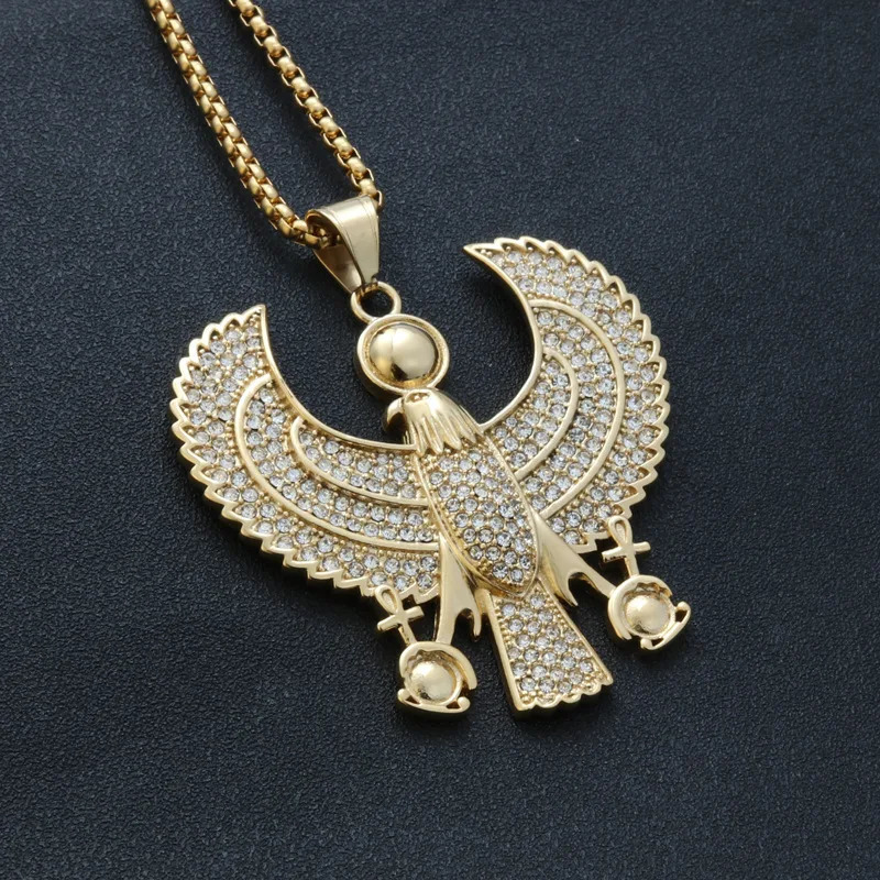EyeYoYo Men Necklaces Egyptian Horus Bird Falcon Holding Ankh Pendant S Gold Black Steel Fashion Hiphop Costume Jewelry Choker 240618