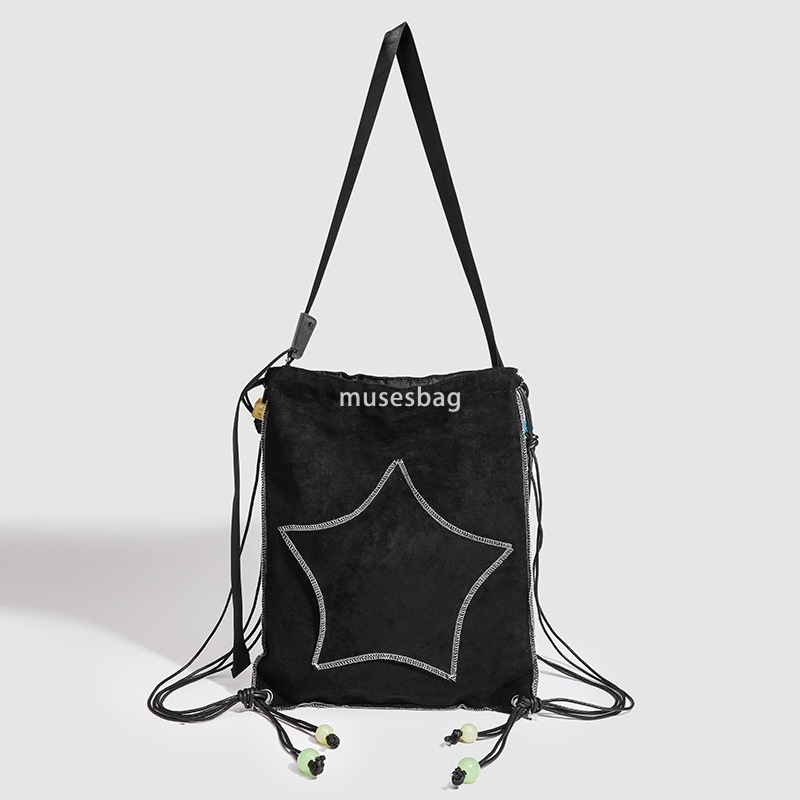 High quality women's high-end new fashion niche black star drawstring simple and large capacity backpack crossbody bag Instagram trend multiple c