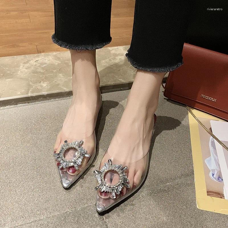 Casual Shoes Women High Heel Sandals Summer Pointed Toe Rhie Low Thickened Transparent Fashion Crystal For