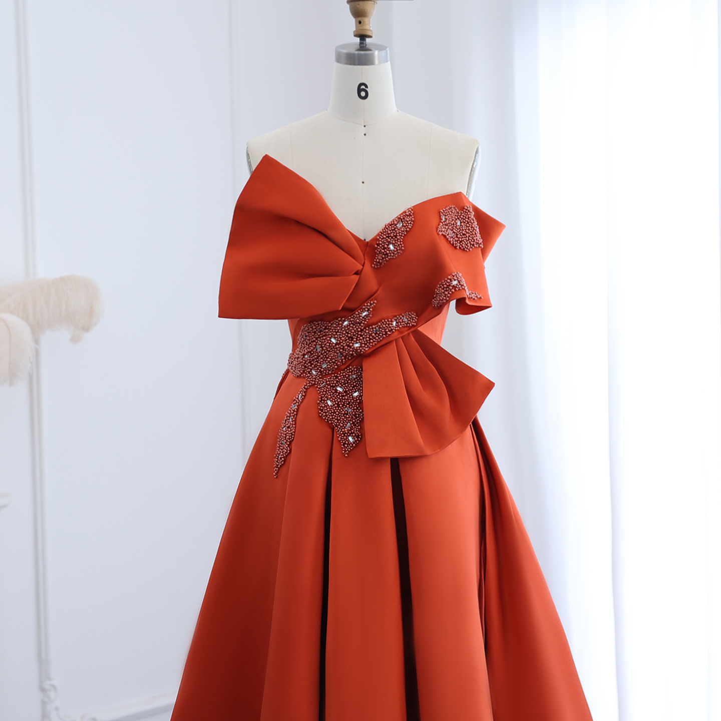 Orange Beaded Prom Dresses Rhoes Evening Gowns Bowknot Sweetheart Necke Satin Or Length Special Ocn Formal Wear 0220
