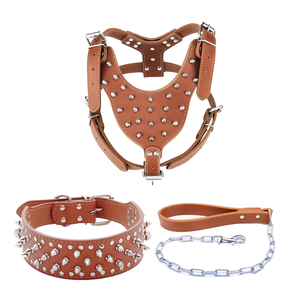 Leather Spiked Studded Dog Pet Collar Harness and Chain Leash Set for Medium Large Xlarge Breeds Pitbull Mastiff