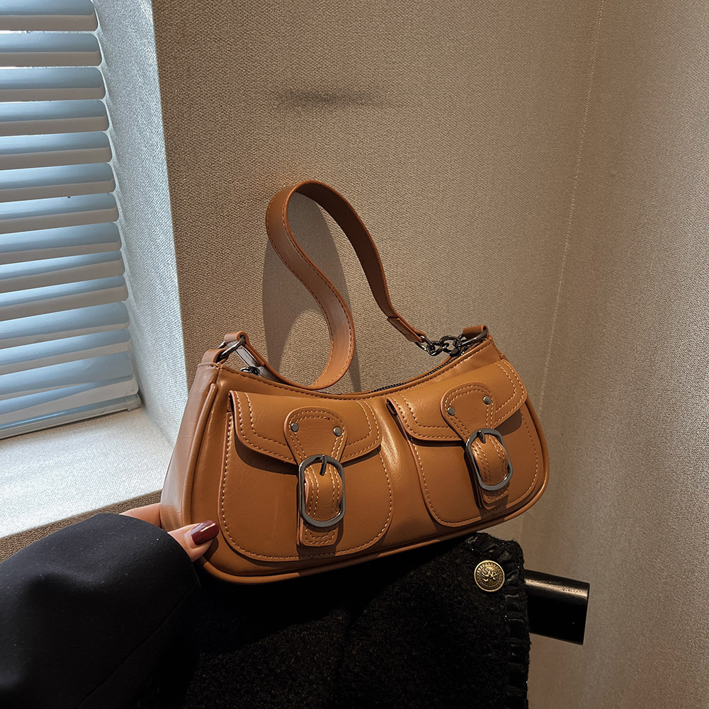 Women Fashion Double Pockets PU Leather Simple Underarm Y2K Small Handbag Large Capacity Daily Shoulder BagH7.3#32 ddmymoon