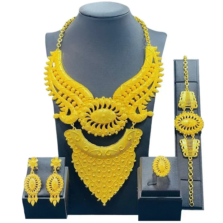 High Quality 24k Gold Plated Dubai Jewelry Set African Middle East Womens Jewelry Necklace Bracelet Earring Ring Wholesale 240701