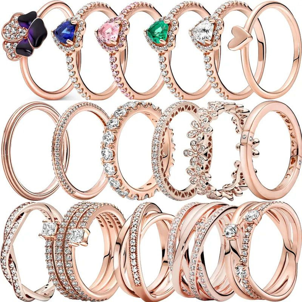 designer new pure sier purple flower transparent heart shining rose gold ring ladies exquisite jewelry gift