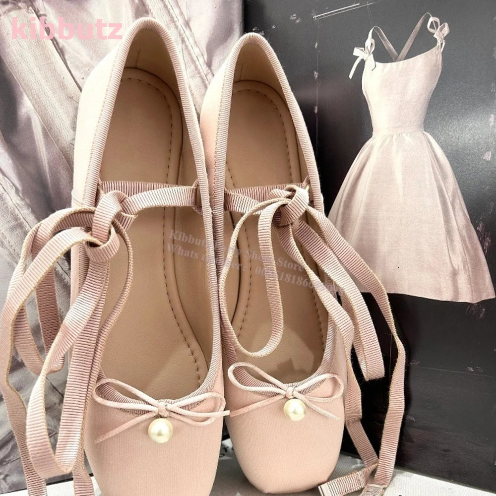 Satin Ballet Pumps Pearl Cross Strap Bows Square Toe Flat With Slip-On Solid Color Pink Fashion Elegant Sexy Women Shoes est 240703