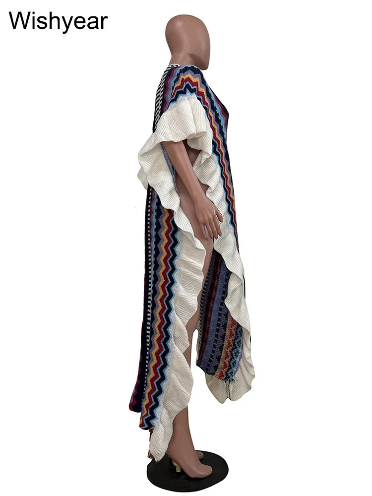 Women Half Sleeve Open Side Split Sweater Shawl Coat Street Colorful Striped Ruffles Knitted Festival Birthday Long Cardigans 240701wtt
