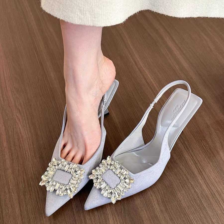 Sandals Summer New Women Pointed Toe Sandals Fashion Slingback Flock Pumps Crystal Square Buckle High Heels Lady Concise pumps Shoes G230211
