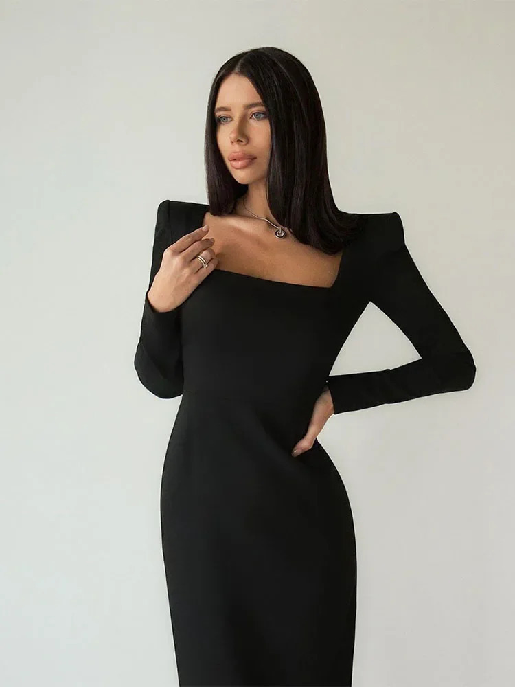 ZBZA Womens Elegant Tight Dress Square Neck Elegant Zipper Urban Womens Hip Wrap Dress Sexy Solid Color Party Long Dress 240701