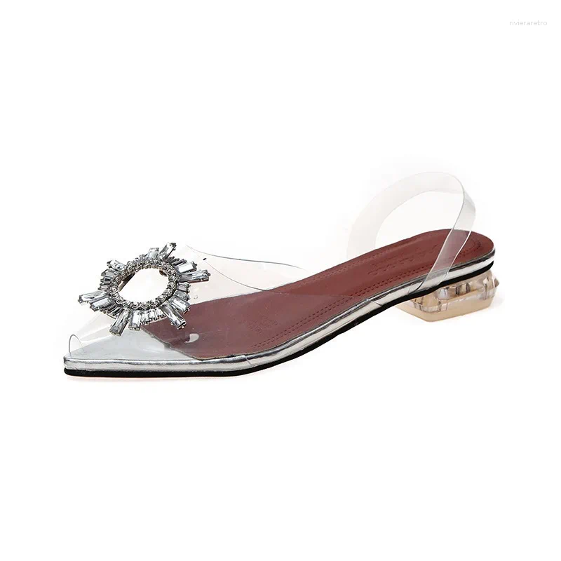 Casual Shoes Women High Heel Sandals Summer Pointed Toe Rhie Low Thickened Transparent Fashion Crystal For