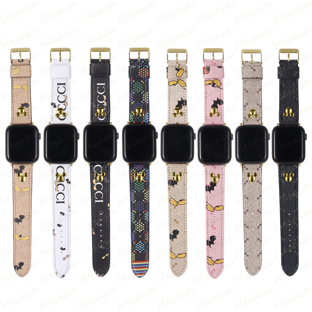 Luxury Cartoon Letter Designer Smart Watch Straps for Apple iWatch strap 49mm 44mm 45mm 42mm 38mm 40mm 41mm Wrist Bracelet Leather 9 8 7 6 5 4 3 Se Ultra SE Watch Band
