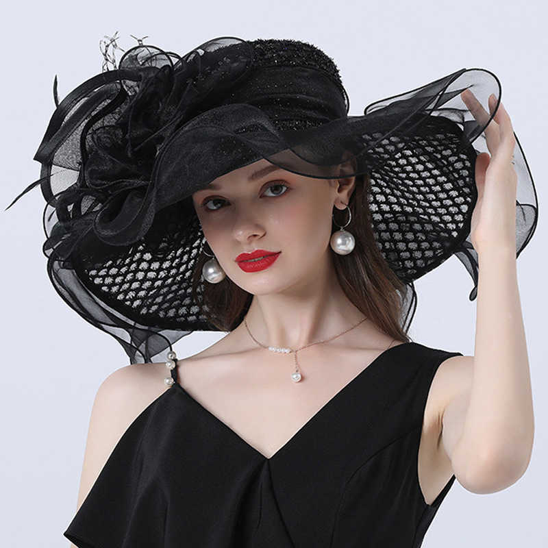 Wide Brim Hats Bucket Hats FS 2024 Kentucky Derby Hats For Women Rose Red Tea Party Wedding Organza Cap Feather Flower Plaid Fascinator Wide Brim Fedo