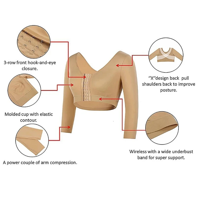 A compression long sleeved tight fitting bra with an upward push shape for women after surgery with a closed ultra-thin seamless shape in front of the