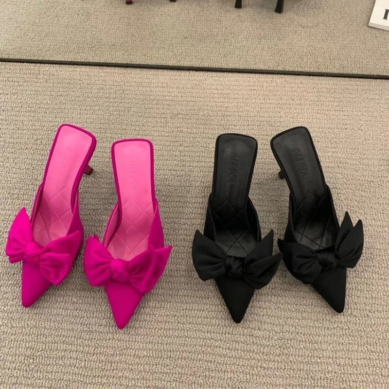 Fashion 2024 Women Slippers Stiletto Sexy High Heels Bowknot Slippers Flip Flops Pointed Toe Slides Party Shoes Woman G308 240703