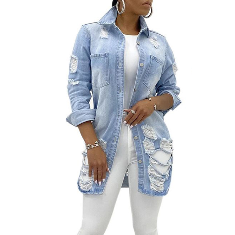 Plus Size Long Jackets Jeans Coats Women Ripped Denim Jacket Lady Vintage Frayed Jackets Hole Outwear