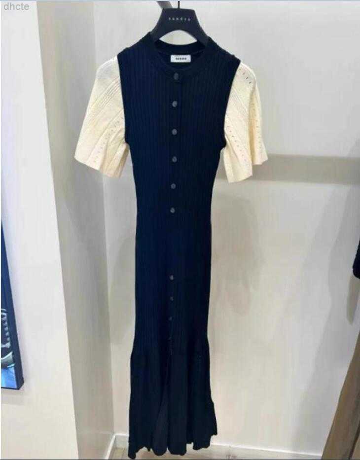 Basic Casual Dresses 23-Sandro Single row round neck hollowed out fishtail knitted waist long dress for women