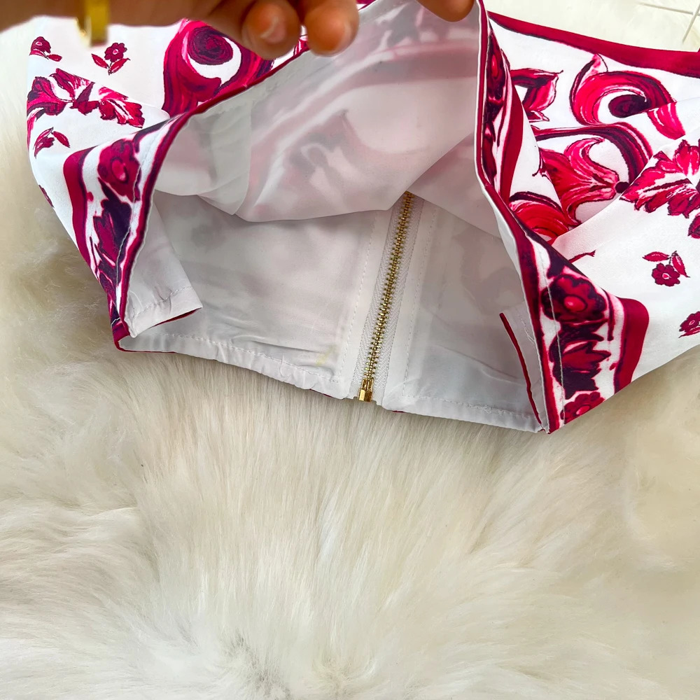 Summer Runway Holiday Red Blue and White Porcelain Print Two Piece Set Women Spaghetti Strap Short Tops Maxi Skirts Set Suit 240703