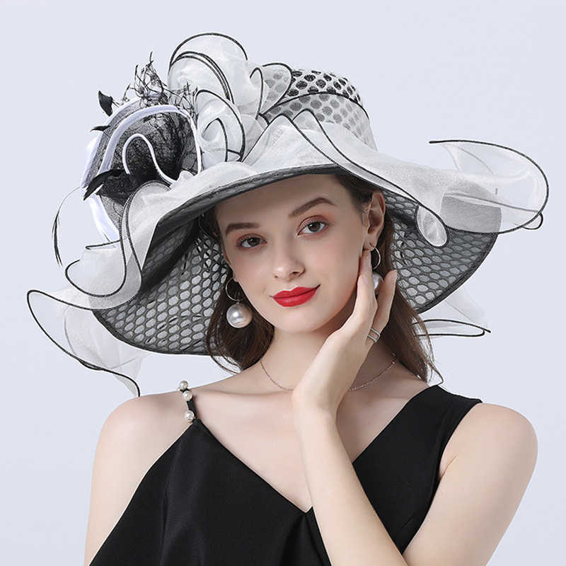 Wide Brim Hats Bucket Hats FS 2024 Kentucky Derby Hats For Women Rose Red Tea Party Wedding Organza Cap Feather Flower Plaid Fascinator Wide Brim Fedo