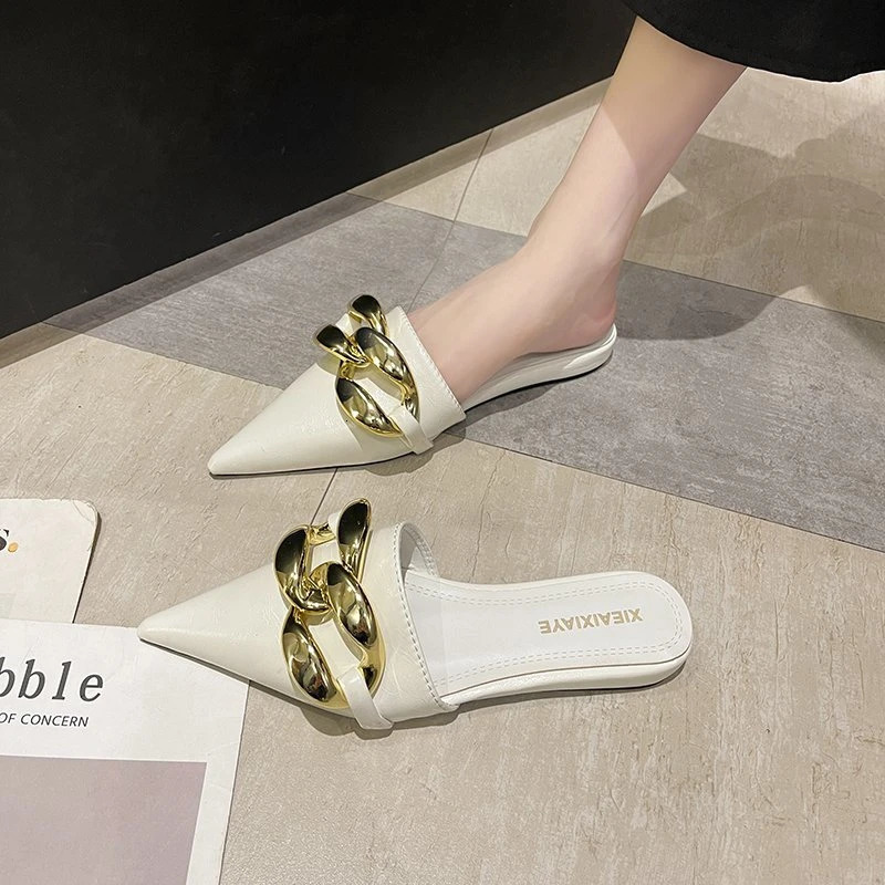 Spring Womens Mules Shoes Pointed Toe Low Heel Womens Slippers Summer Metal Chain Female Sandals Woman Closed Toe Casual Shoes 240703