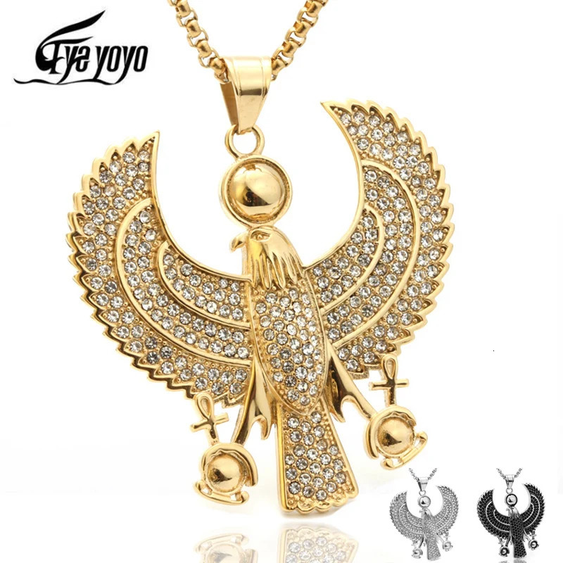 EyeYoYo Men Necklaces Egyptian Horus Bird Falcon Holding Ankh Pendant S Gold Black Steel Fashion Hiphop Costume Jewelry Choker 240618
