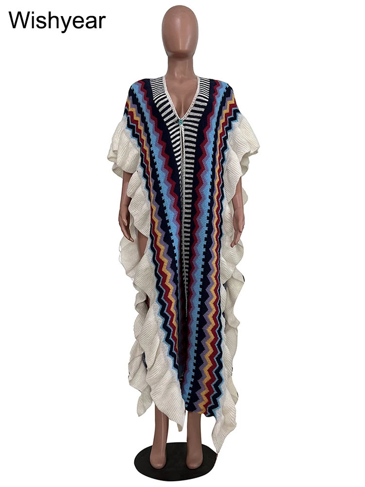 Women Half Sleeve Open Side Split Sweater Shawl Coat Street Colorful Striped Ruffles Knitted Festival Birthday Long Cardigans 240701wtt