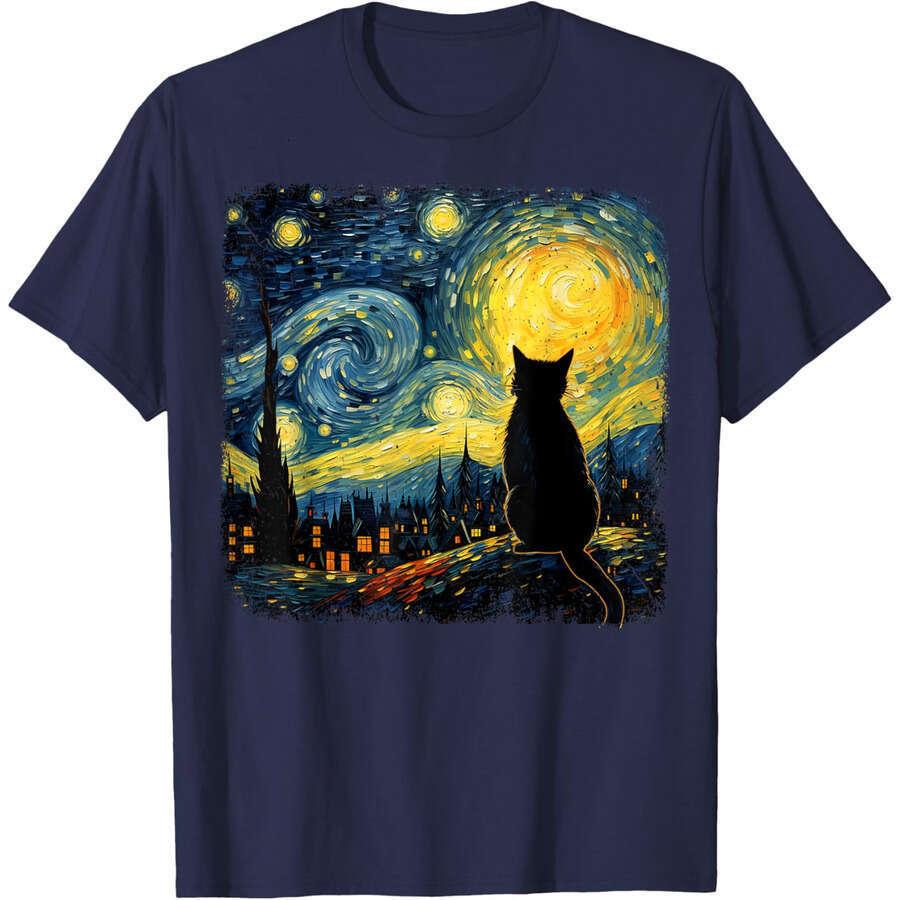 Designer Mens Womens T shirts tees tops Cat Starry Night Van Gogh Cat For Cat Lover Cat Mom Cat Dad T-Shirt clothes Free shipping