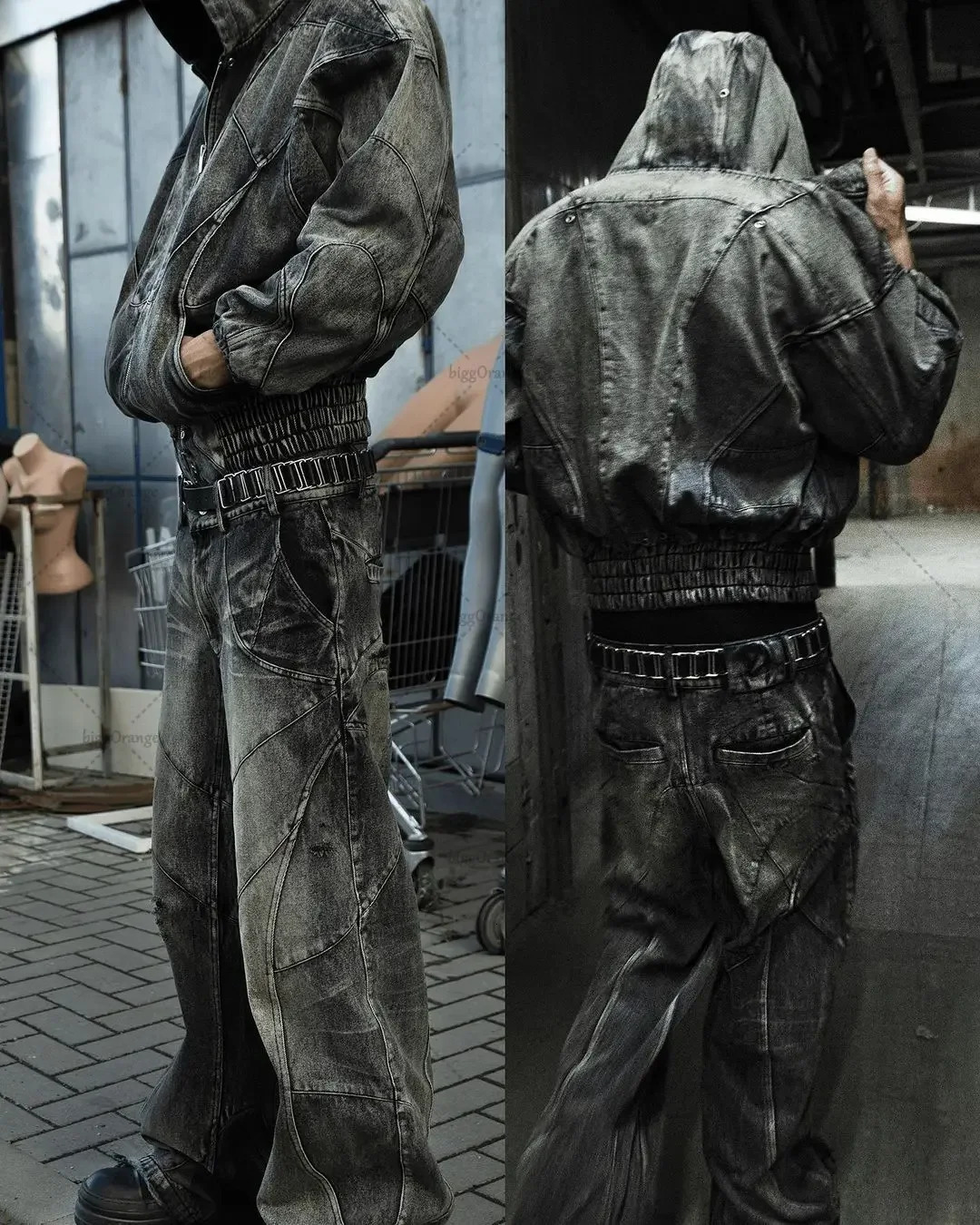 Y2K Destroyed Stitching Jeans Mens Black Washed Jeans Gothic Style Street Trend Clothing Retro Loose Wide Leg Pants Fall Guys 240701 - view 6