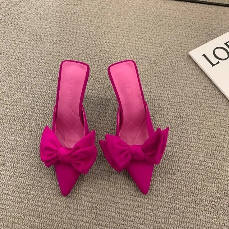 Fashion 2024 Women Slippers Stiletto Sexy High Heels Bowknot Slippers Flip Flops Pointed Toe Slides Party Shoes Woman G308 240703