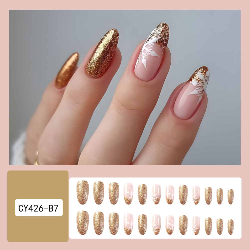 24 Pcs Long Oval Christmas Press On Pink French Style Glitter Fake Artificial Finger Manicure Reusable False Nails F703-9