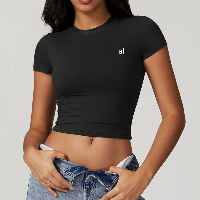 AL-8743 T-shirt yoga femme, crop top col rond, manches courtes, coton respirant, doux, fitness, DDX8743