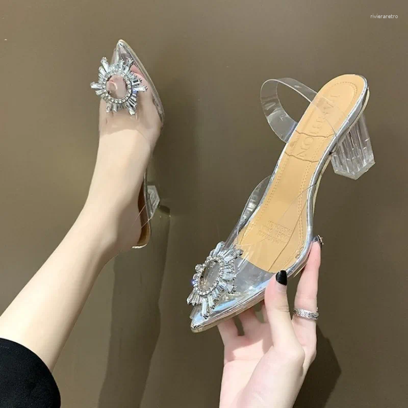 Casual Shoes Women High Heel Sandals Summer Pointed Toe Rhie Low Thickened Transparent Fashion Crystal For