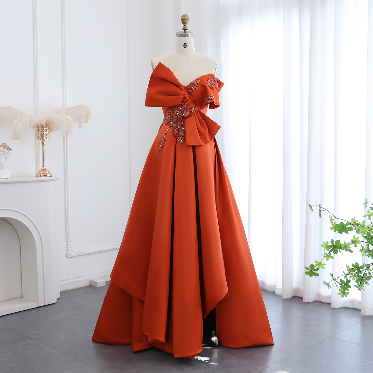 Orange Beaded Prom Dresses Rhoes Evening Gowns Bowknot Sweetheart Necke Satin Or Length Special Ocn Formal Wear 0220