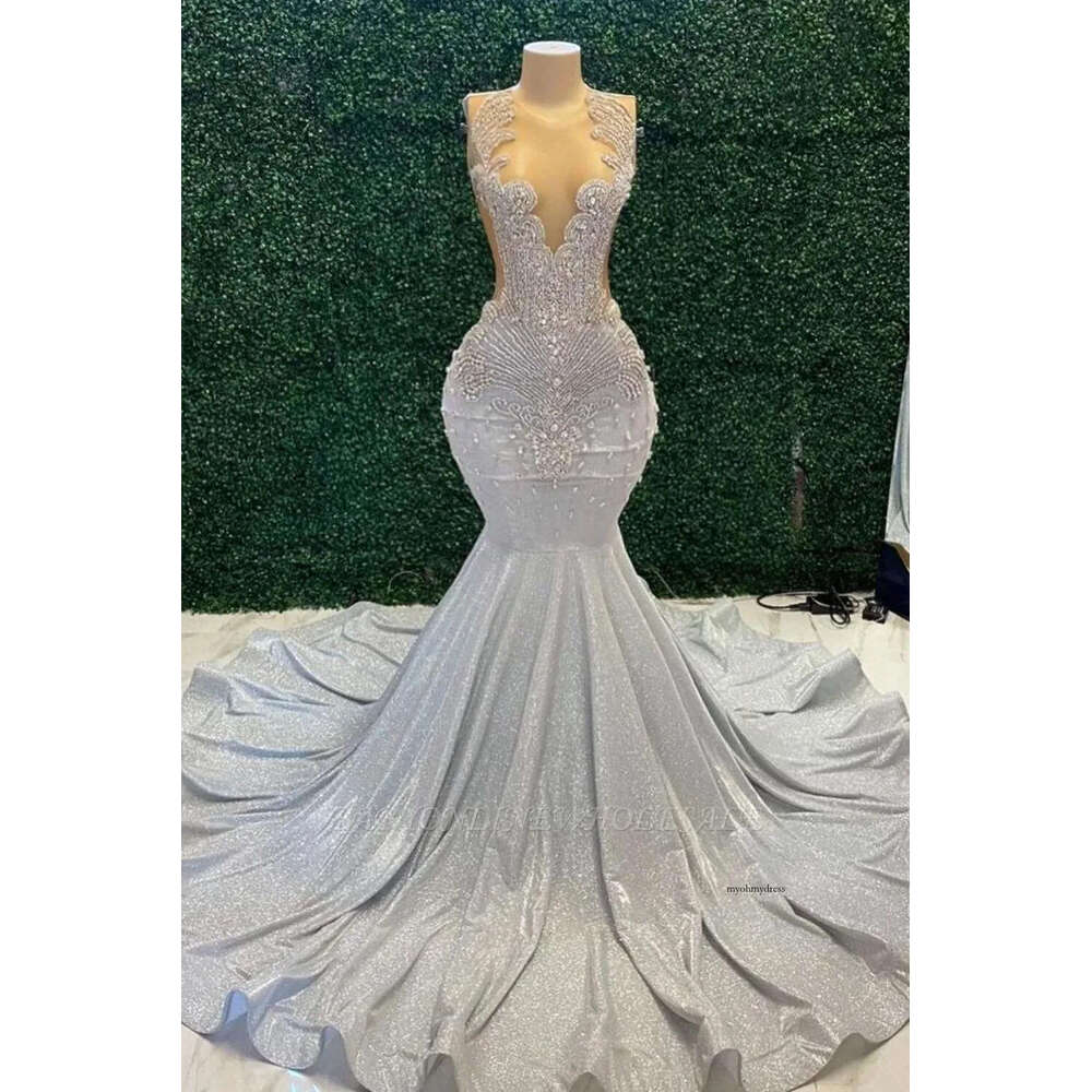 Stunning Sier Mermaid Prom Dresses Sexy Sheer Jewel Neck Appliques Beads Sequins Long Evening Gowns Black Girls Met Gala Vestidos De Bal Bc18397 0618 