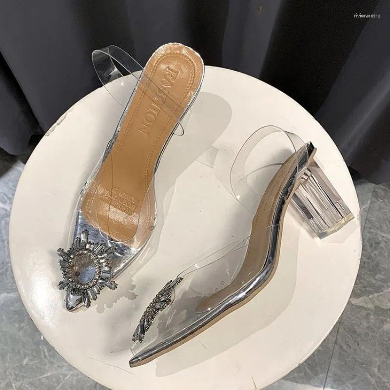 Casual Shoes Women High Heel Sandals Summer Pointed Toe Rhie Low Thickened Transparent Fashion Crystal For