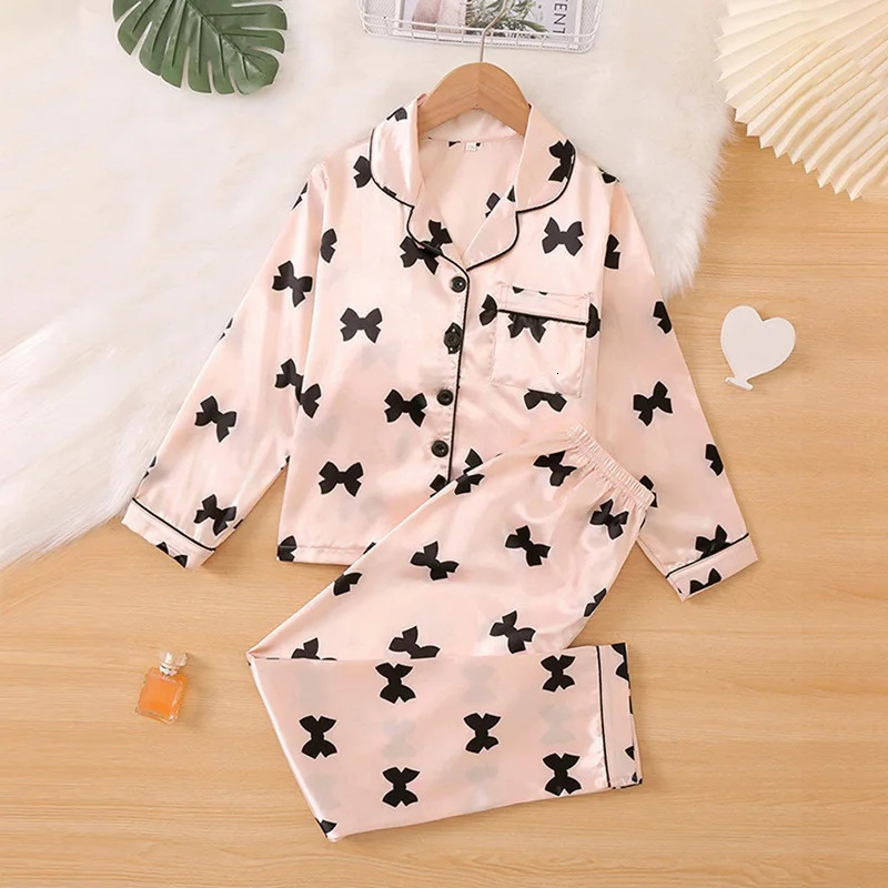 Spring Kids 2Pcs Sleepwear Solid Sweet Mock Silk Long Sleeve Two Piece Pajama with Valentine Heart Print Girls Pyjamas Nightwear 240702