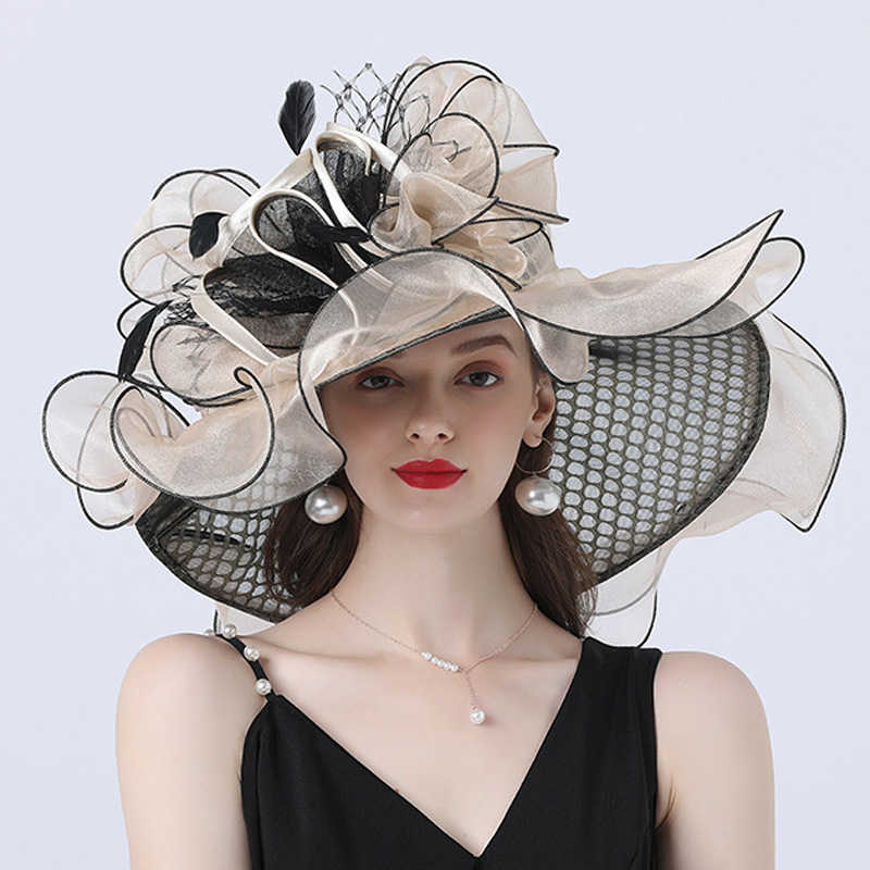 Wide Brim Hats Bucket Hats FS 2024 Kentucky Derby Hats For Women Rose Red Tea Party Wedding Organza Cap Feather Flower Plaid Fascinator Wide Brim Fedo