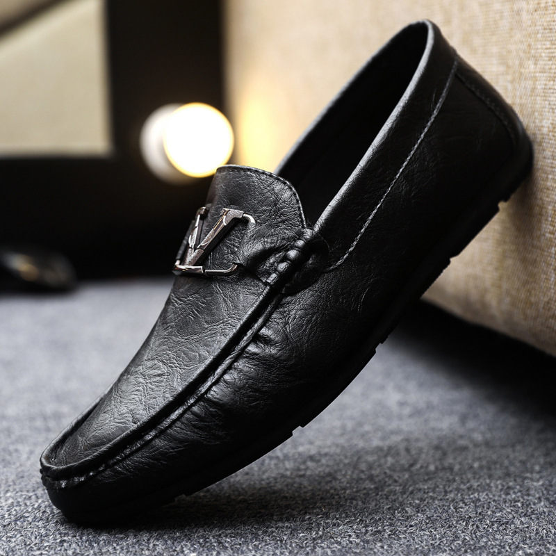 Beanie 2024 Spring Summer New Breathable Casual Leather Soft-Soled Loafers One Foot Peanie Men's Shoes black