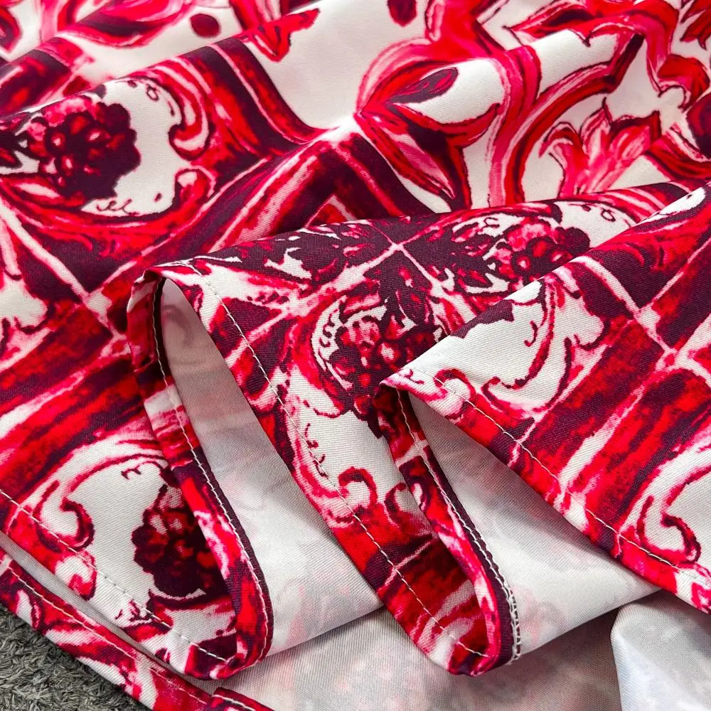 Summer Runway Holiday Red Blue and White Porcelain Print Two Piece Set Women Spaghetti Strap Short Tops Maxi Skirts Set Suit 240703