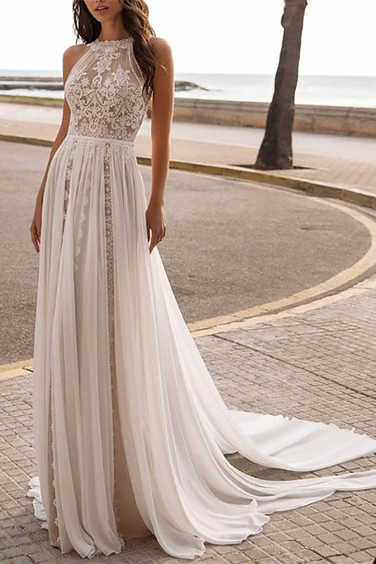 Bohemian A Line Wedding Dresses Illusion Lace Appliques Bride Gowns Sleeveless Custom Made Boho Bridal Dress Vestidos Novias Boda