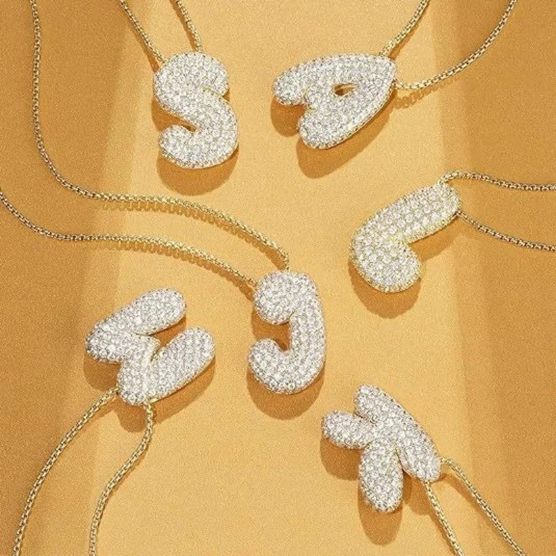 Gold Plated Waterproof Thick Bubble Alphabet Letter Clavicle Choker Necklace Sparkling Rhinestone Balloon Initial Jewelry 240625