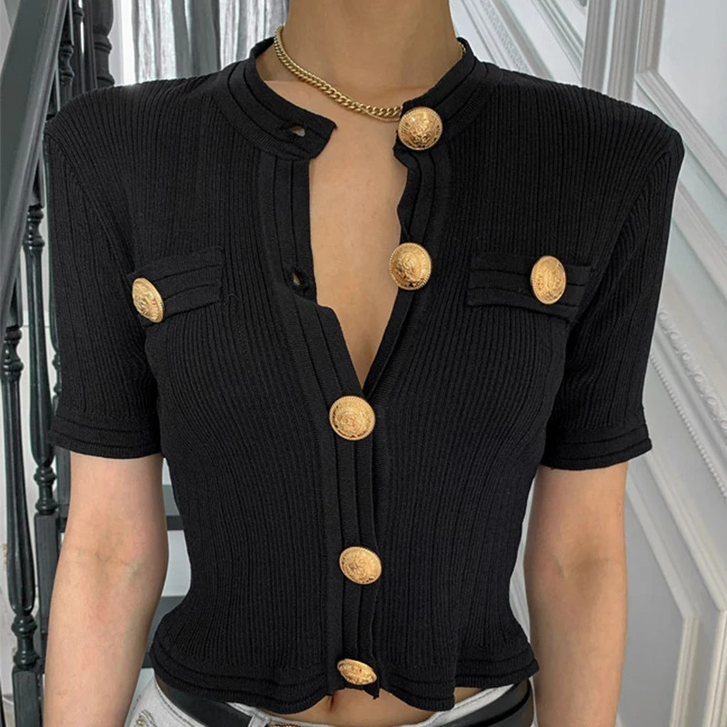 Golden Button Cropped Cardigan Woman Chic Shortsleeve Knit Tops Korean Elegant Runway Single Breasted Pink Sweater Coat 240701wtt