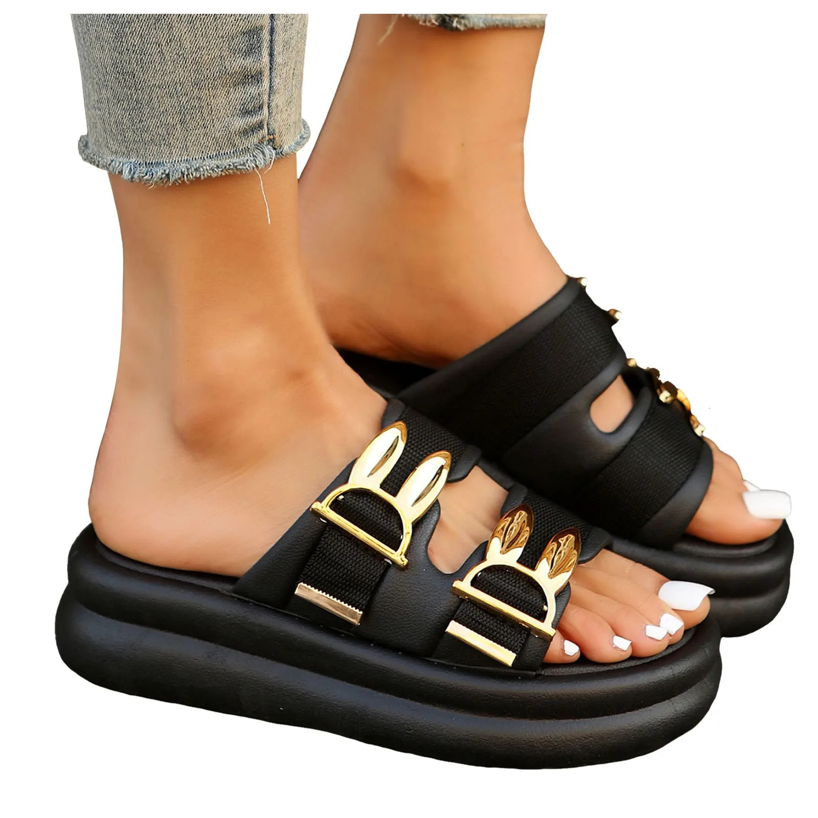 Cake thick soled sandals youth slider girl metal buckle double broadband beach platform sandals womens 2024 trend 240703
