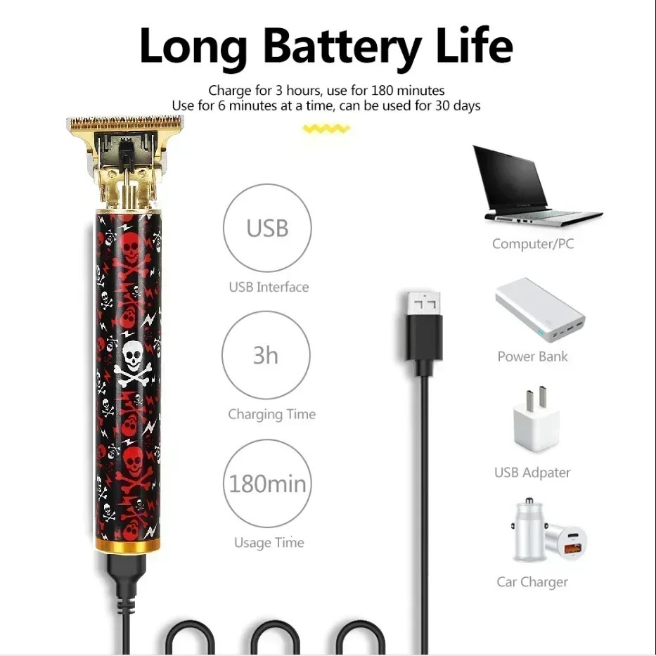 T9 Electric Barber Clip USB Charging Mode Fashion Waterproof Wireless Professional Barber Push Razor 240703