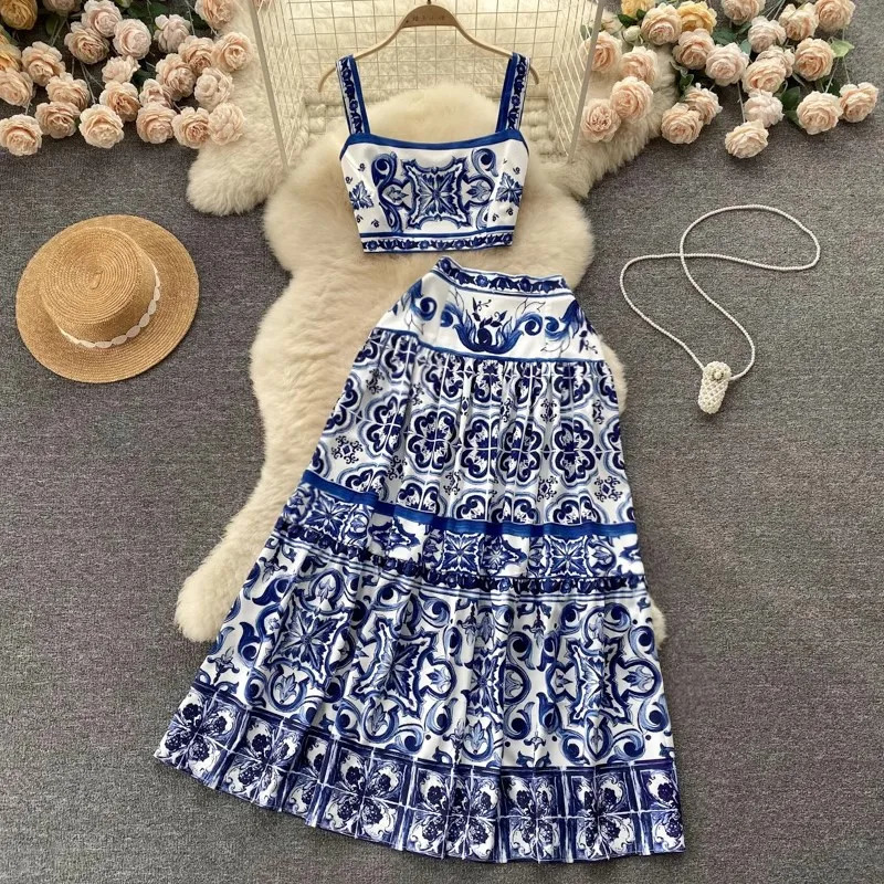 Summer Runway Holiday Red Blue and White Porcelain Print Two Piece Set Women Spaghetti Strap Short Tops Maxi Skirts Set Suit 240703