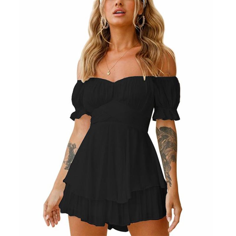 Women Jumpsuits Dresses Tie Back Lantern Short Sleeve Square Neck Cute Ruffled Off Shoulder Rompers Summer Chiffon A-Line Mini Dresses