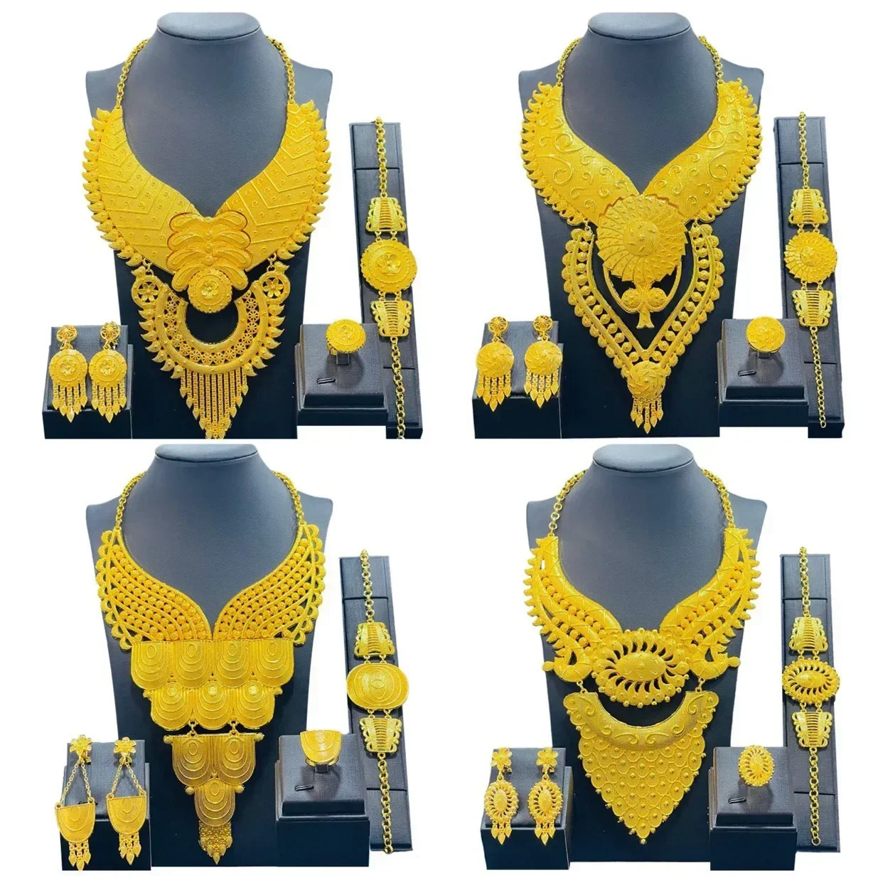 High Quality 24k Gold Plated Dubai Jewelry Set African Middle East Womens Jewelry Necklace Bracelet Earring Ring Wholesale 240701
