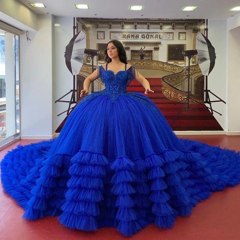 Blue Shiny Flower Girl Quinceanera Dresses Off The Shoulder Appliques Lace Beads Tull Tiered Vestidos De 15 Formal Princess Party Dress Swee