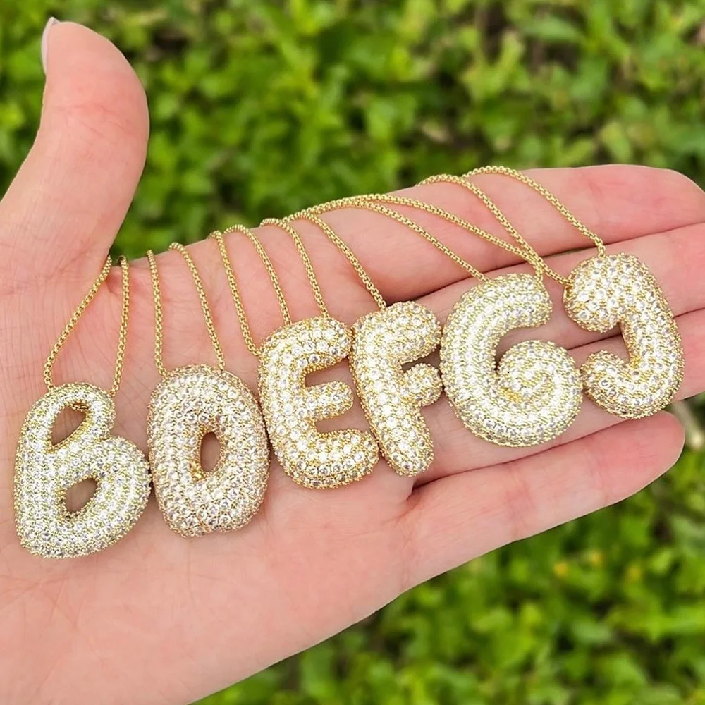 18K Gold Plated Waterproof Thick Bubble Alphabet Letter Clavicle Choker Necklace Sparkling Rhinestone Balloon Initial Jewelry 240625
