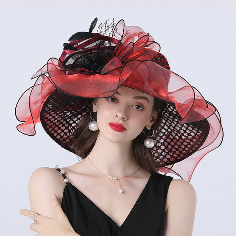 Wide Brim Hats Bucket Hats FS 2024 Kentucky Derby Hats For Women Rose Red Tea Party Wedding Organza Cap Feather Flower Plaid Fascinator Wide Brim Fedo