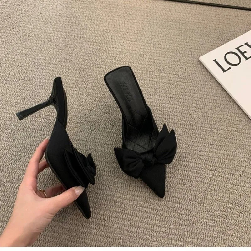 Fashion 2024 Women Slippers Stiletto Sexy High Heels Bowknot Slippers Flip Flops Pointed Toe Slides Party Shoes Woman G308 240703